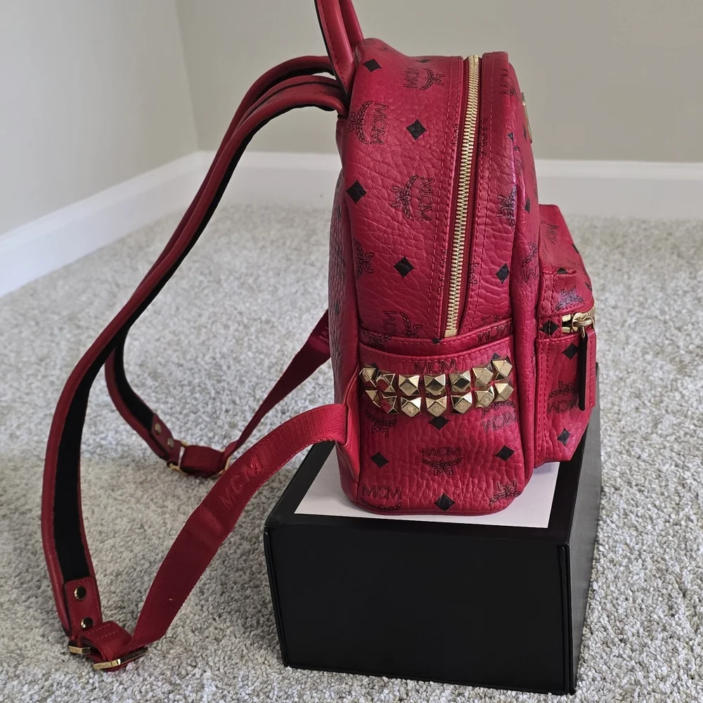 MCM Scarlet Red Backpack with Gold Accents - Picture 3 of 4